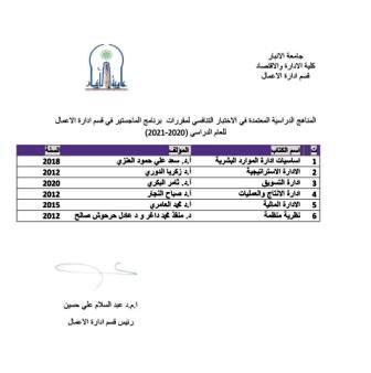 المناهج الدراسية المعتمدة في الاختبار التنافسي لمقررات برنامج الماجستير في قسم إدارة الأعمال